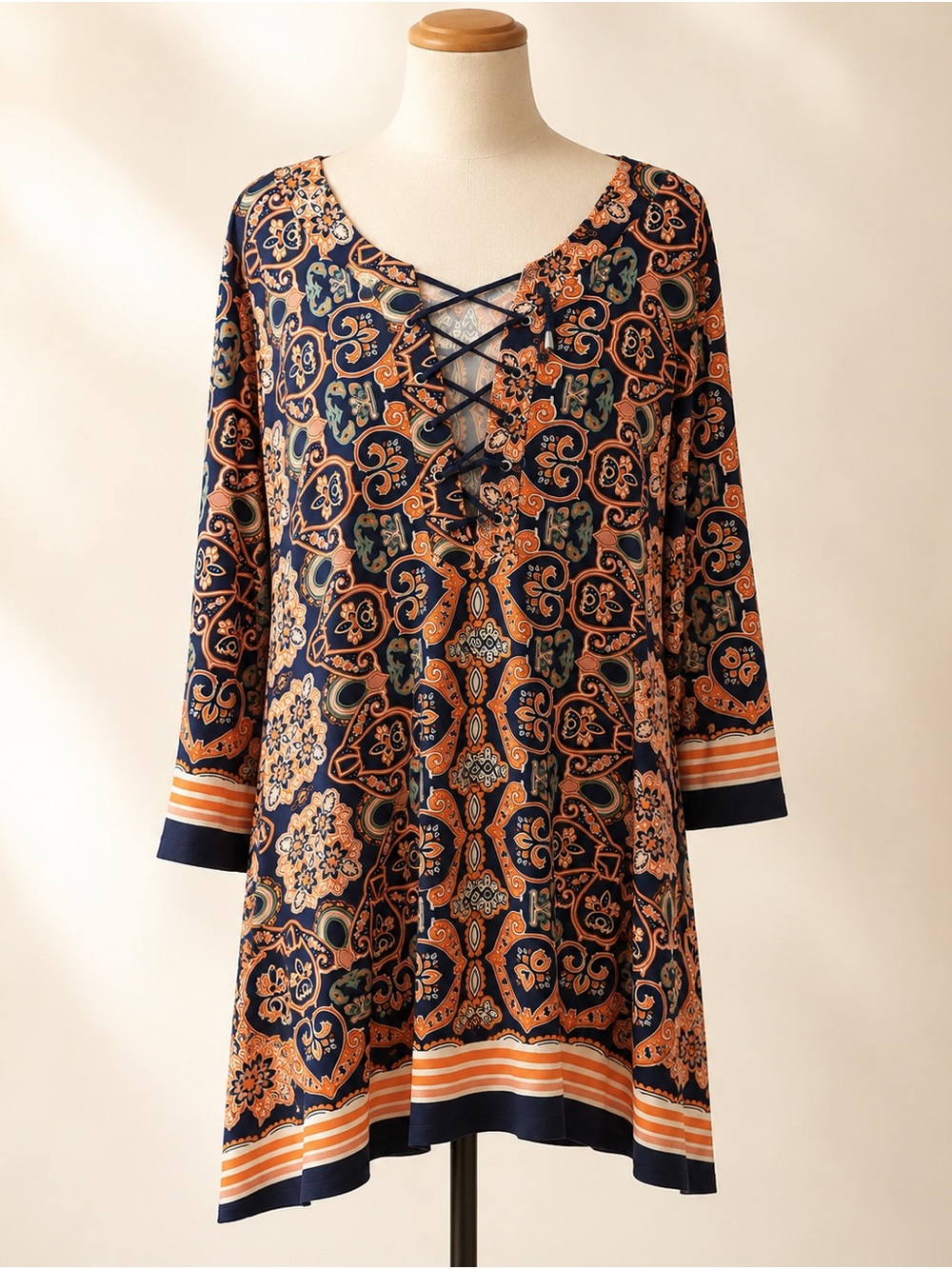 Saint Tropez West Navy and Orange Lace-Up Boho Tunic